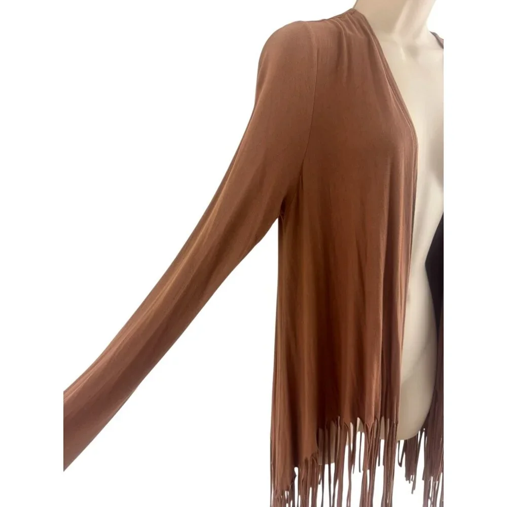 Caramel Brown Open Front Knit Fringe Cardigan Wrap Size S/M Country Western‎
